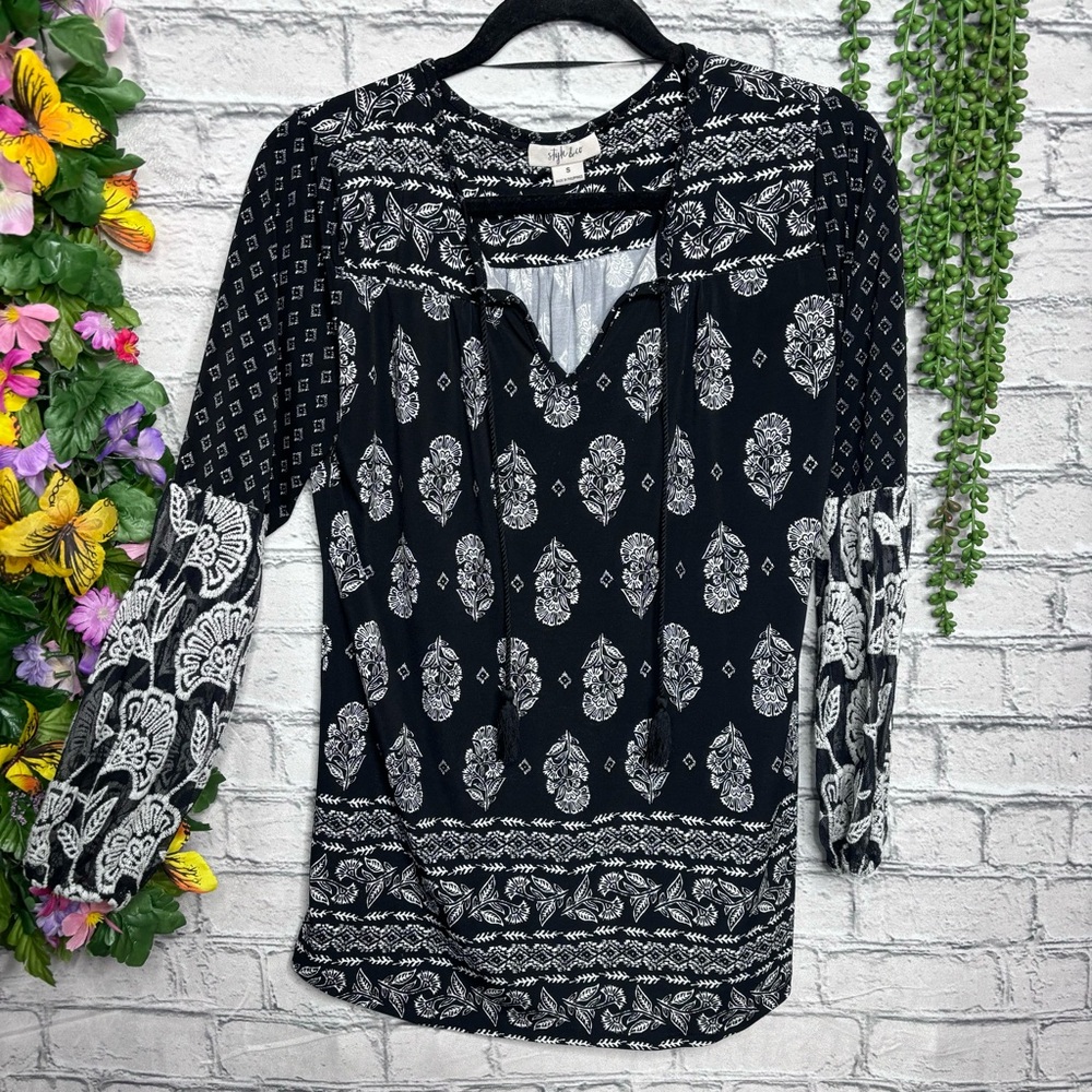 b🌼3/$30🌼Style & Co Black Printed Long Sleeve Blouse Size Small - Picture 5 of 16